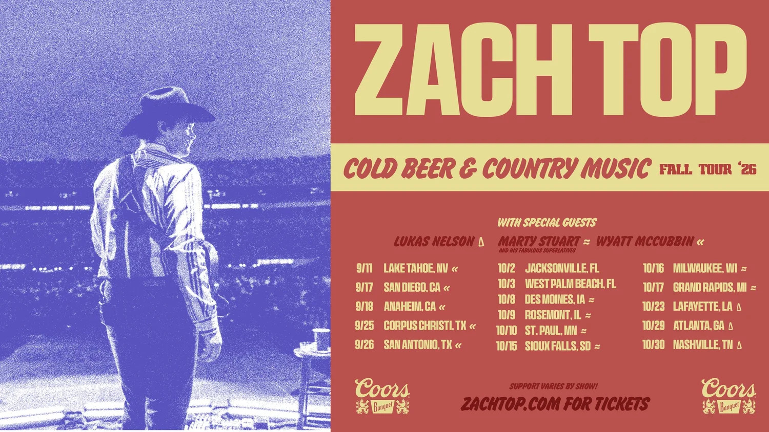 Cold Beer & Country Music Summer Tour '26 poster for Zach Top
